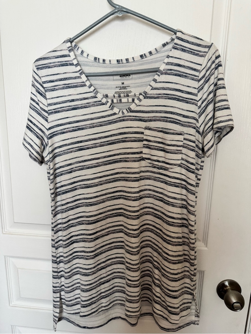 Sonoma Striped V-Neck Pocket Tee - White & Black Stripes